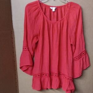 Elegant Coral Blouse with Lace Accents